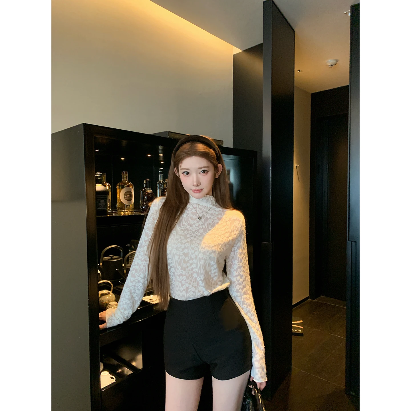 

Chen Dauyu Women's Slim Fit Long Sve Lace Base irt High Collar Korean Sle Commute Faion Autumn Winter Inner Wear Top