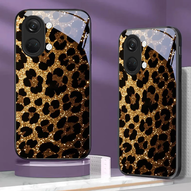 Sparkle Gold‑Black Leopard Black Glass Phone Case For OnePlus Nord CE 2T 2 3 Lite N20 N30 6T 7 7T 8 8T 9 10 Pro 11R 12R 13 Cover product photo