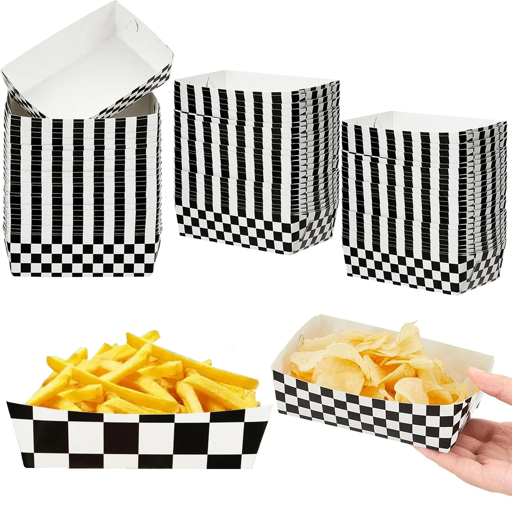 6/8/12/24 Checkered Paper Food Trays Racing Party Food Boat Black and White Popcorn Trays Race Car Theme Birthday Party Supplies