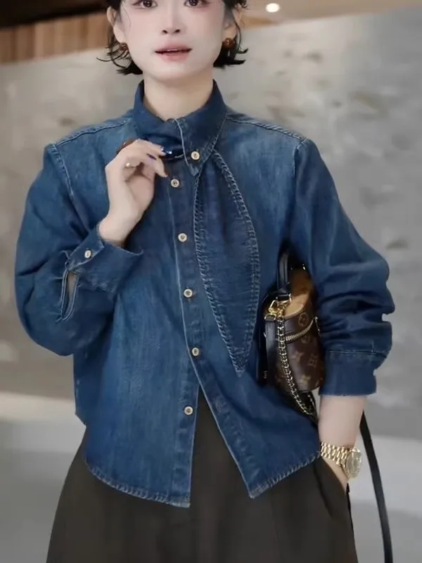 

Retro Sa Fce Lined Thi Denim irt Women Long Sve Loose Blue Base irt Autumn Winter Faion Top Trendy