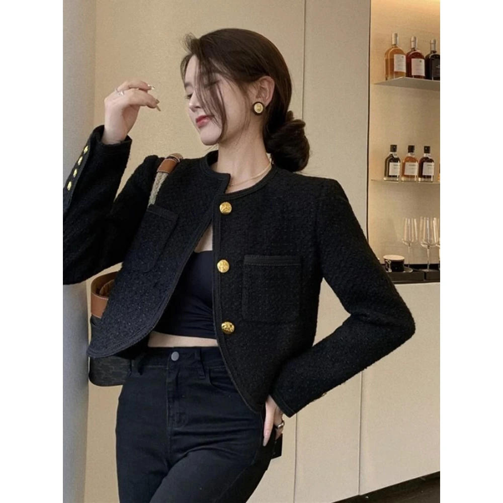 Versatile Long Sleeve High-End Little Black Dress Jacket Short Style Slim Fit Gentle Single Button Black Outerwear for Women