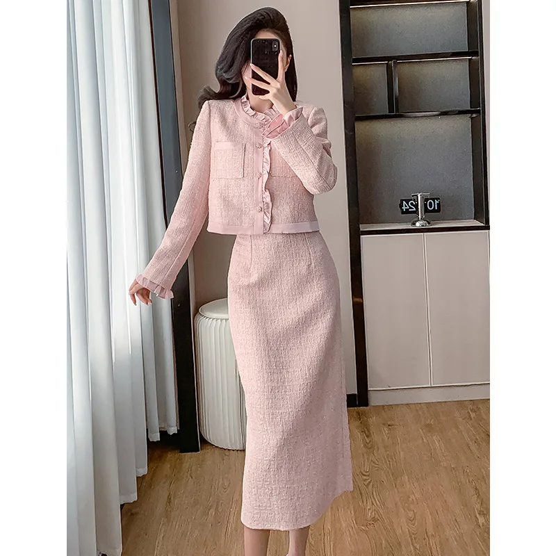 Chaqueta de traje de tweed rosa de 2 piezas + falda de media longitud 2024 nuevo conjunto de temperamento de estilo de fragancia pequeña de otoño e invierno