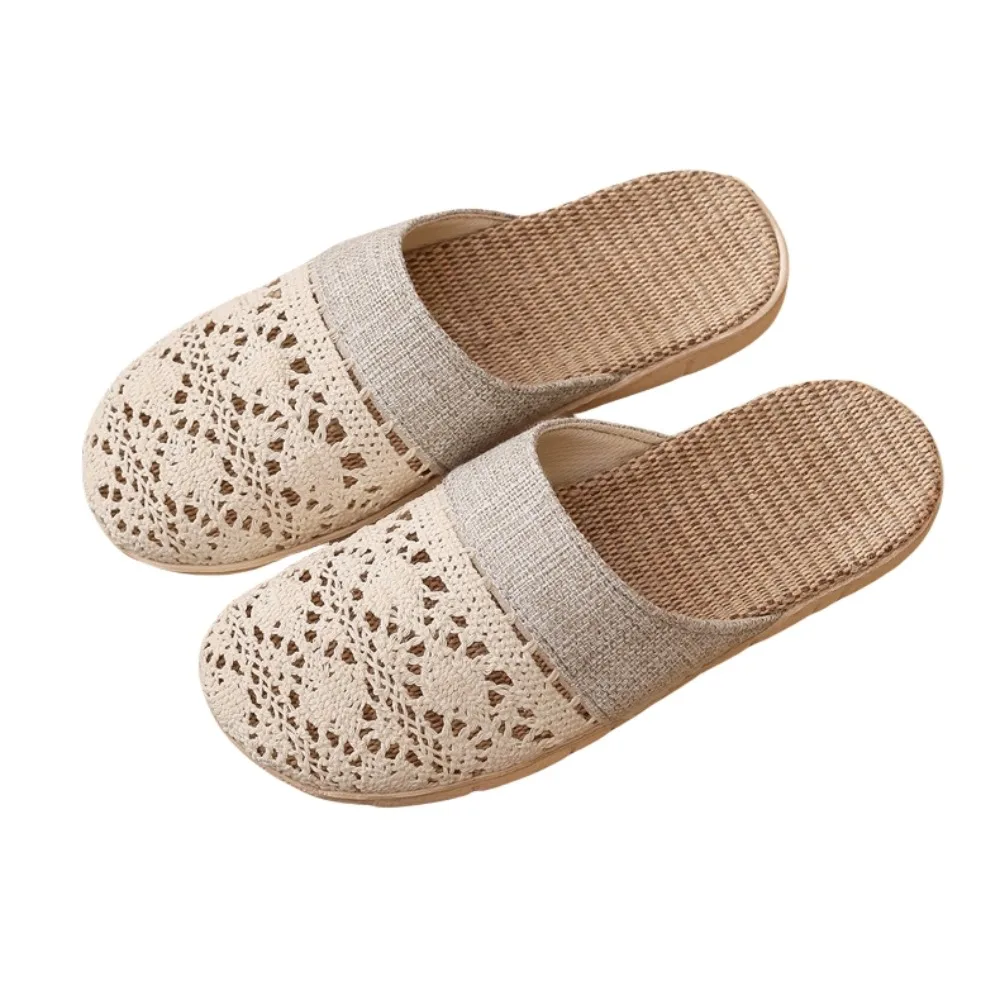 Cozy Hollow Out Flax Slippers Women Flowers Non-Slip Closed Toe Linen Slippers Soft Sole Shoes Flat Slippers Home