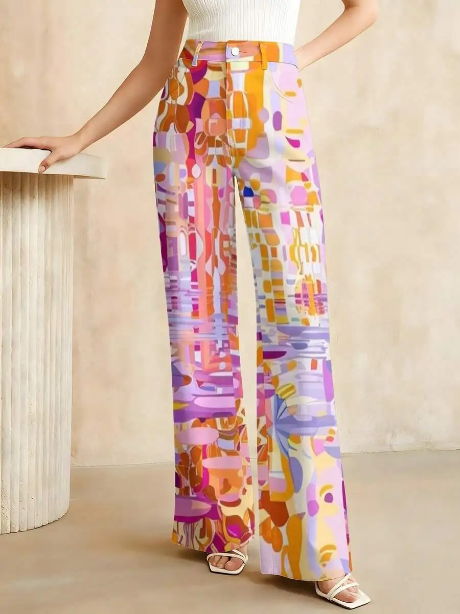 

Abstract Art Pattern Womens Wide Leg Jeans Plus Size Colorful Geometric Print Summer Casual Pants
