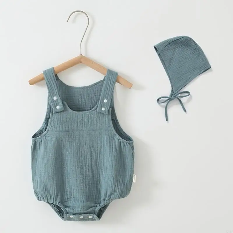

54DF Newborns Strap Jumpsuit Infant Bodysuit with Matching Hat Breathable Romper