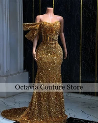 Sparkly Gold Prom Dress Long One Shoulder Bead Crystal Dress Birthday For Women Sequin vestido de graduación do Customized