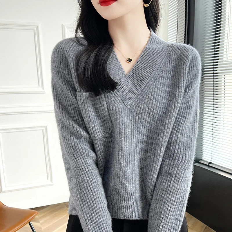 Early Autumn New Sweater Cashmere Short V-Neck Top Lazy Style Pullover Autumn Winter Long Sleeve Top Winter Clothes Women 2024