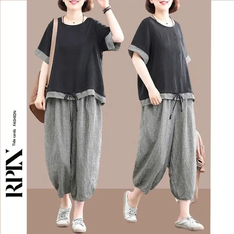 Conjuntos de correspondência de moda folk verão novo solto oversized linho xadrez terno de duas peças feminino shirring conjuntos de cintura elástica jj736
