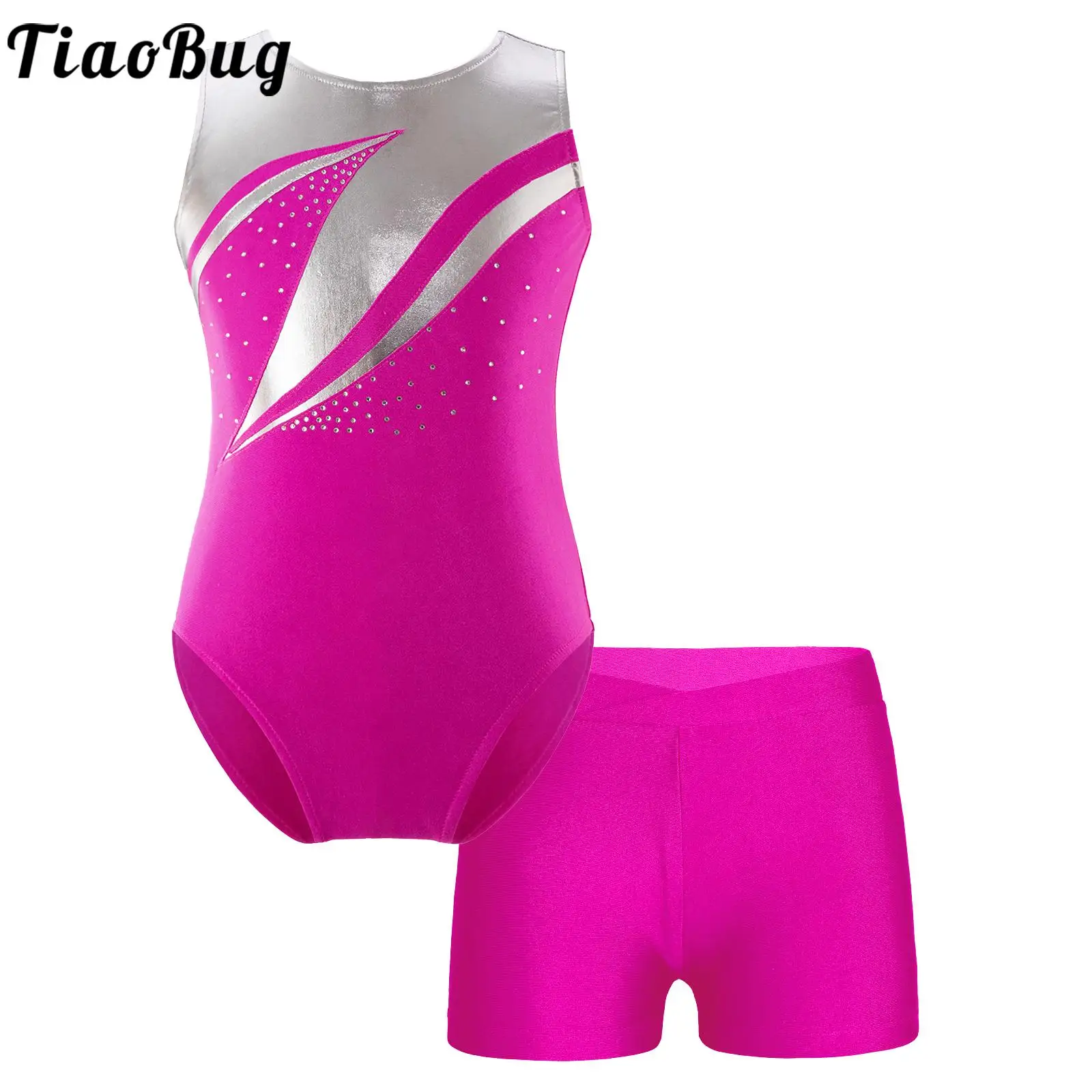 Kids Girls Gymnastics Leotard with V-front Waistband Shorts Skating Ballet Dance Gym Workout Yoga Practice Competition Costume