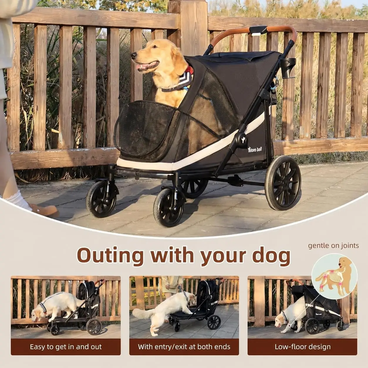 Dog Stroller for Large Dogs One-Click Folding 4 Wheel Foldable Dog Stroller for 2 Dogs with Storage Pocket Suitable Pets Up to 8