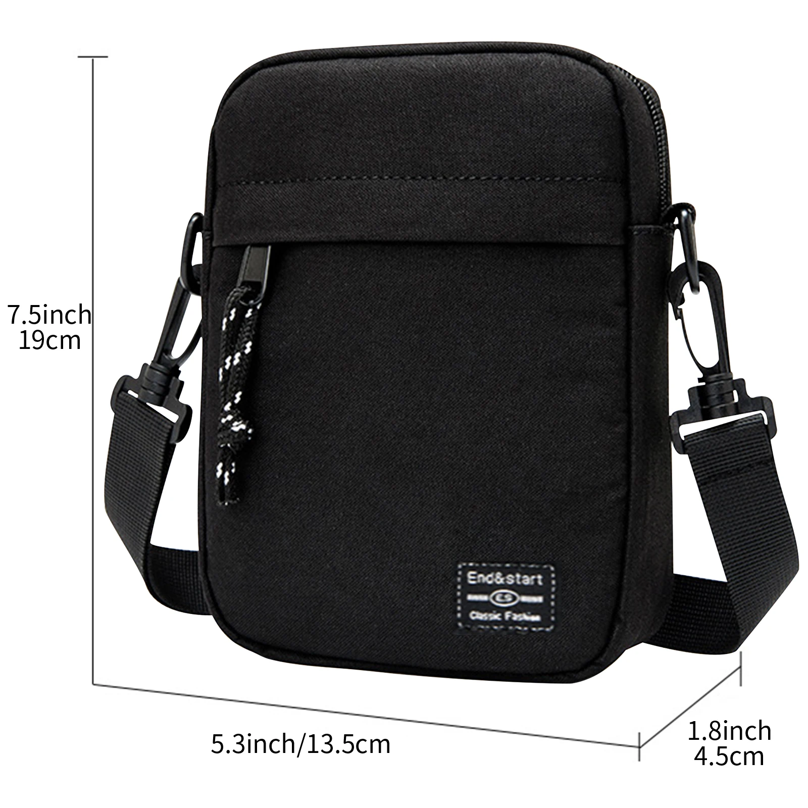 Black Square Shoulder Messenger Bag Shoulder Bag, Simple and Casual Double Zipper Small Wallet,  Adjustable Shoulder Strap