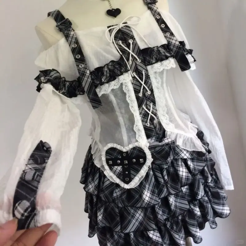 Sweet Gothic Lolita Girls Off Shoulder Patchwork Top Puff Skirt Two Piece Outfits Women's Harajuku Y2k Bow Lace Ruffles Set