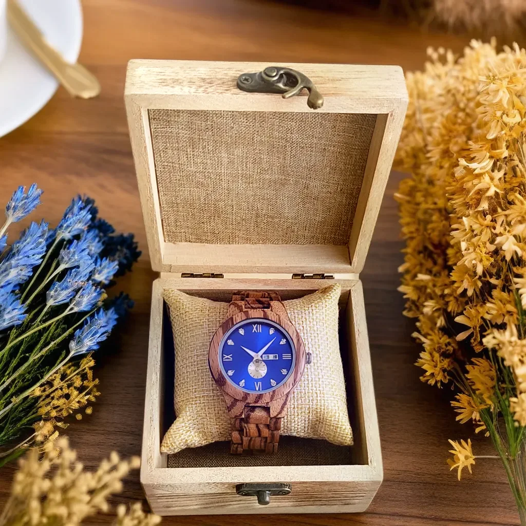 Women's Wood Wrist Watches for Woman Luxury Multifunction Chronograph Clock Luminous Blue Dial Fashion Quartz Wood Watch ladies
