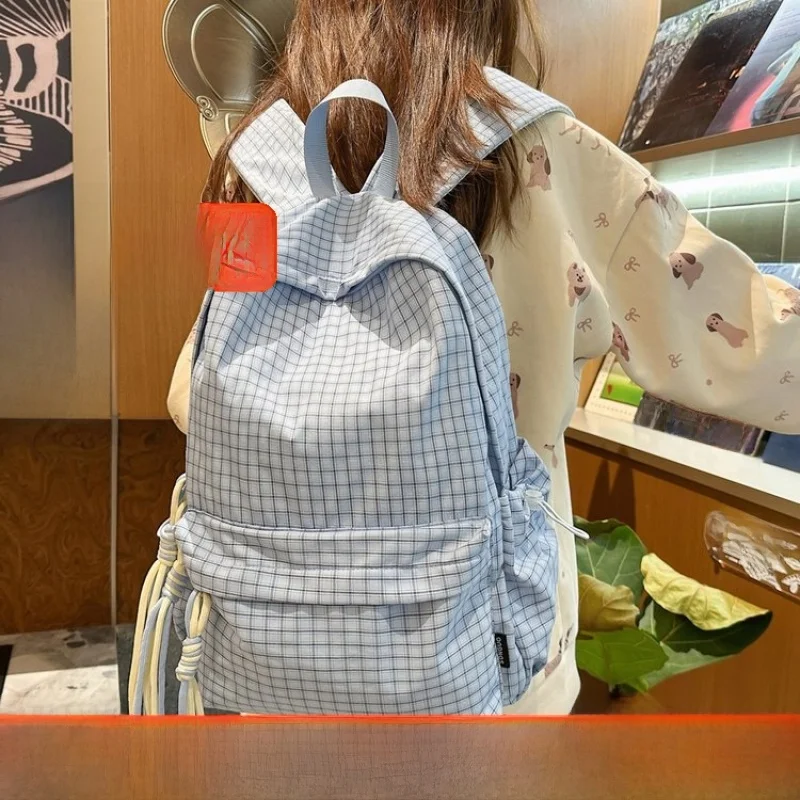 New Fashionable Plaid Lightweight Backpack for Women Casual Travel School Commuting Shoulder Bag Nylon Material with Computer...