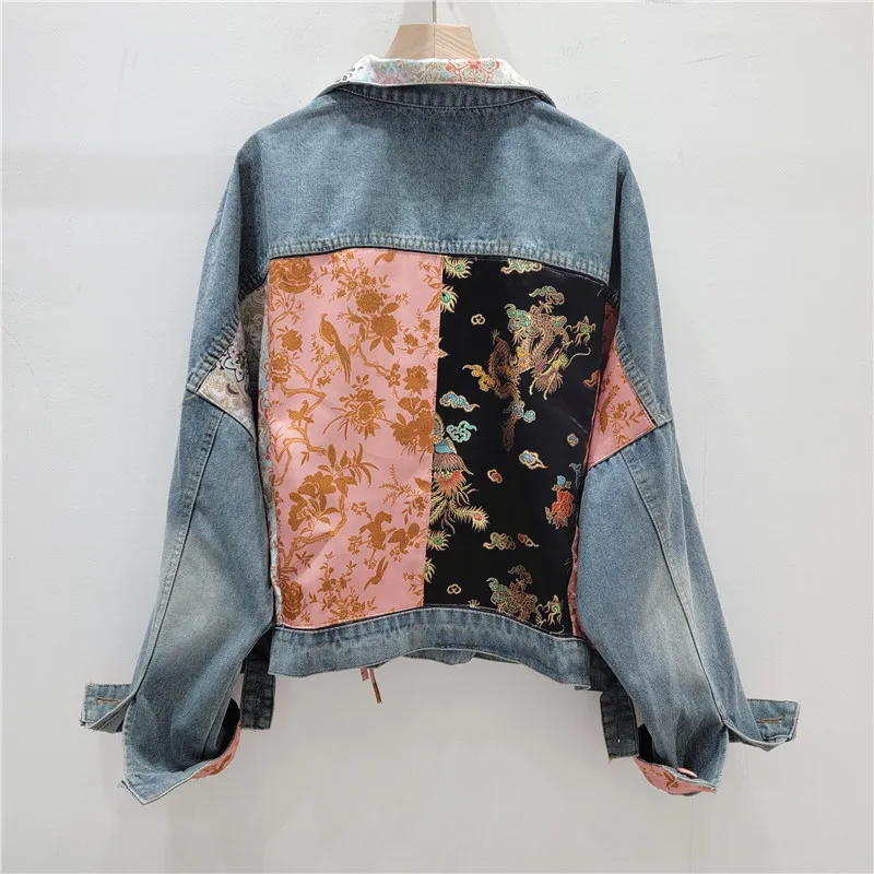 Giacca di jeans patchwork con ricamo patch vintage Donna Primavera Casual Risvolto monopetto Giacca di jeans a maniche lunghe Streetwear