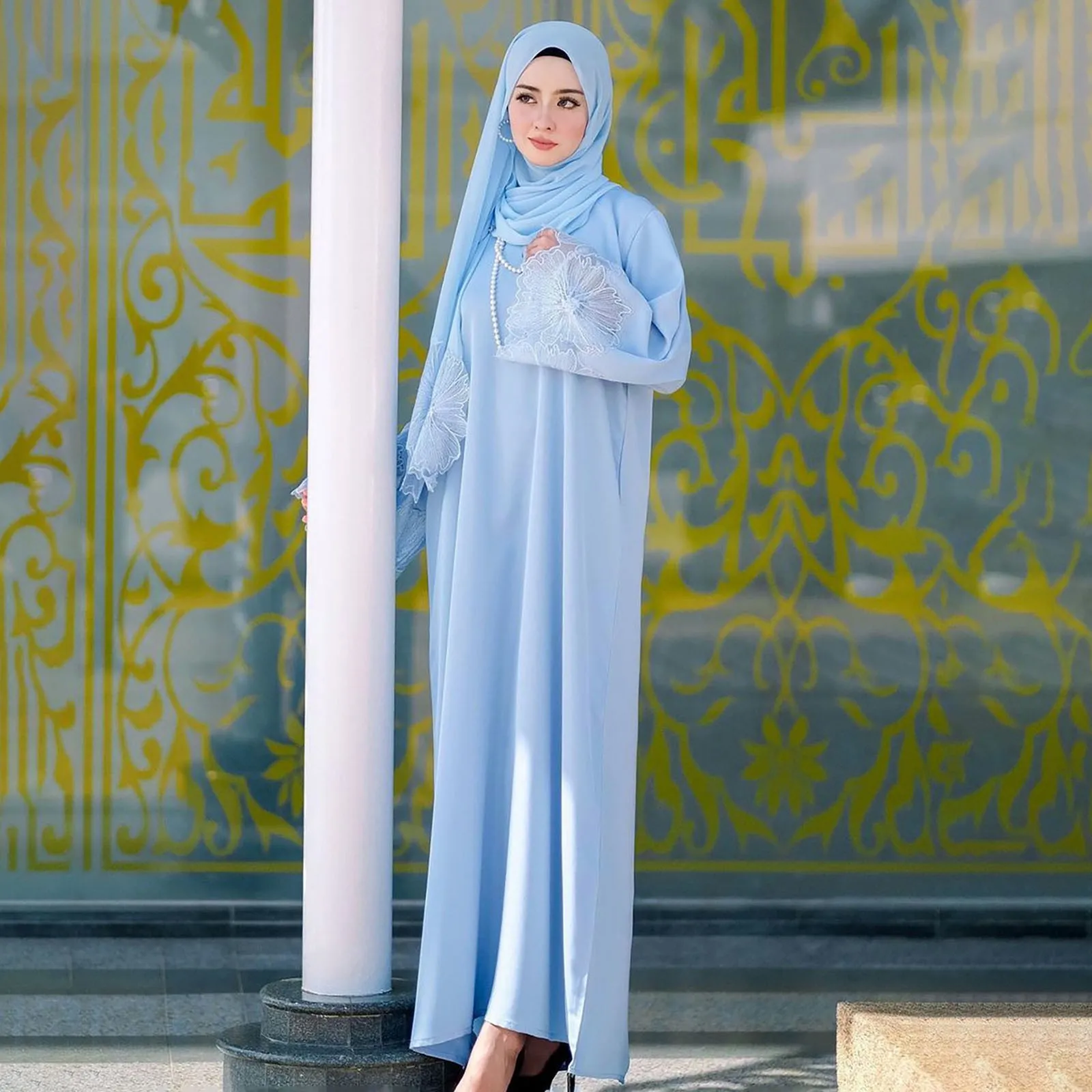 Women\'s Muslim Long Dress Lace Edge Solid Color Dress with Headscarf Chiffon Hijabs For Women Ramadan Eid Dubai Robe Femme