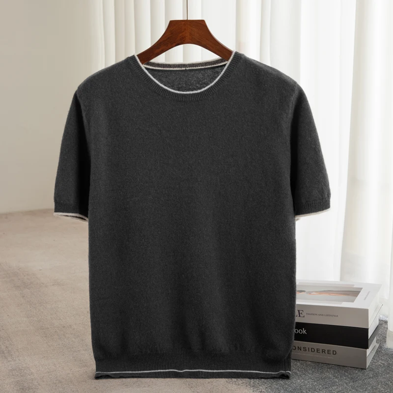 Autumn And Winter New 100% Pure Wool Men's Round Neck Sweater Color Matching Loose Leisure Knitted Cashmere Sweater