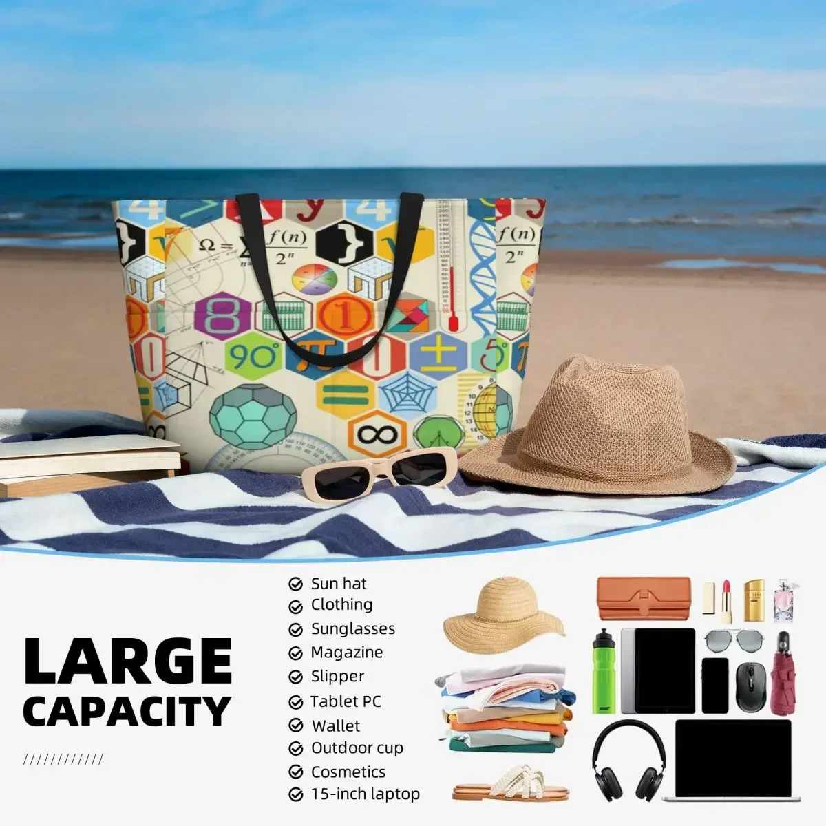 MATH Beach Travel Bag, Tote  Holiday Shopping Daily Shoulder  Multi-Style Pattern