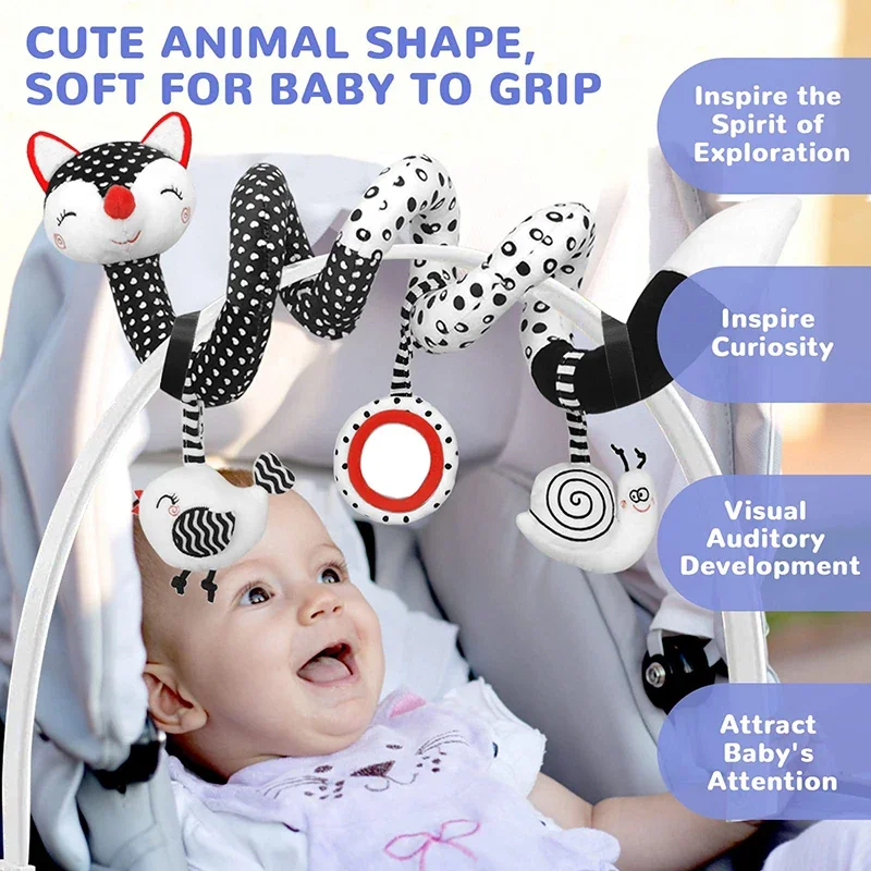 Jouets de siège de voiture en spirale pour bébé, jouets de poussette pour nouveau-né, noir et blanc, grands abonnés, mobile CPull, cadeau pour filles de 0 à 12 mois