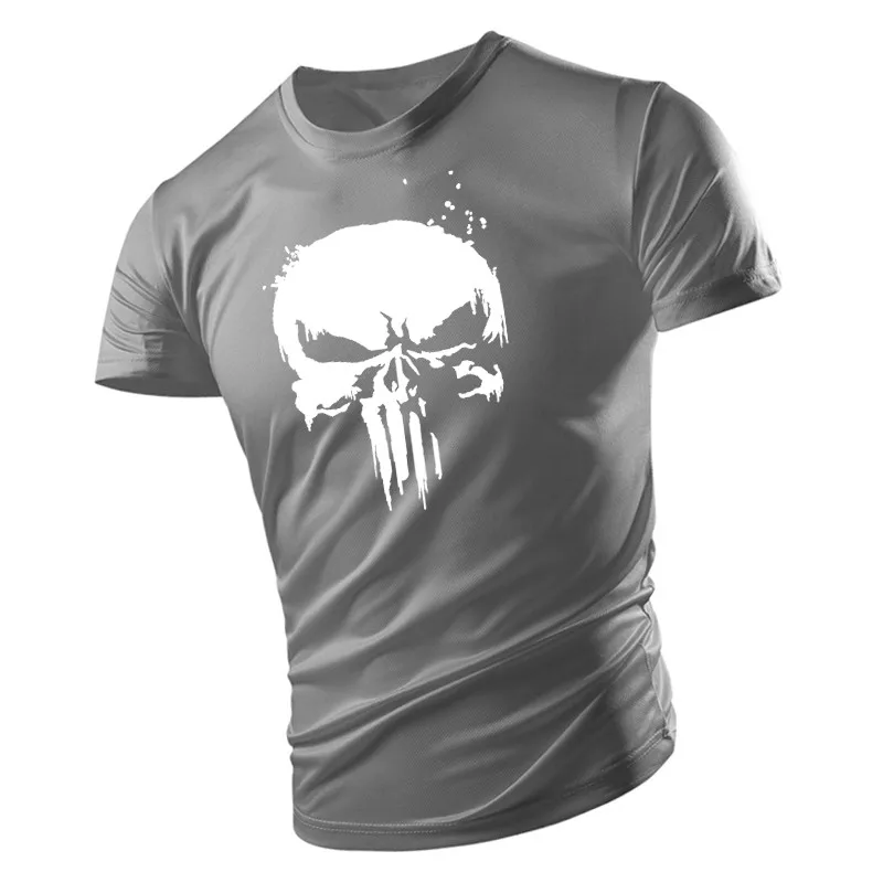 New Handsome Skull Pattern Muscular Men T-shirt Sports Tough Guy Style Outdoor Light And Thin Summer Breathable Stretch Top