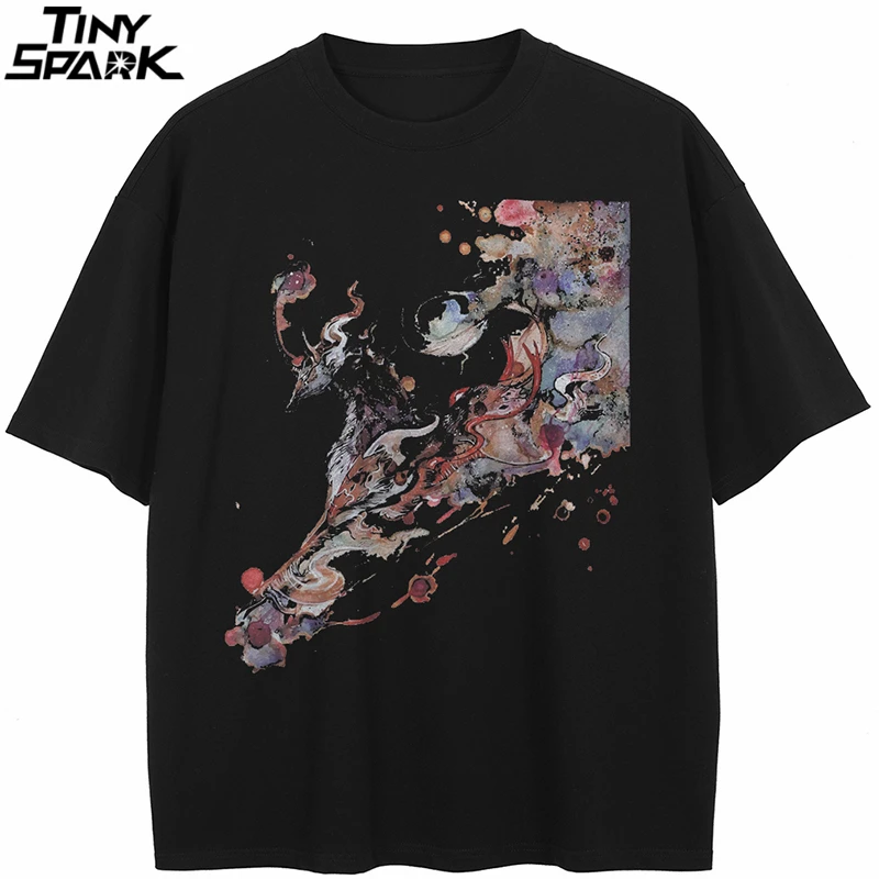 2024 T-Shirt Streetwear Retro Pattern Painting Graphic T Shirt Cotton Hipster Men Tshirt Unisex Tops Tees Black Hip Hop Clothing