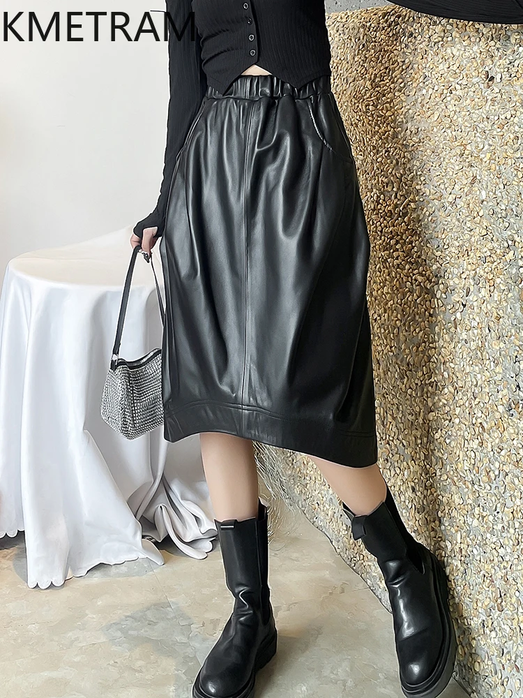 KMETRAM 100% Top Layer Sheepskin Skirts for Women Genuine Leather Mid Length Black Skirt Woman 2025 Spring Autumn Clothes юбка