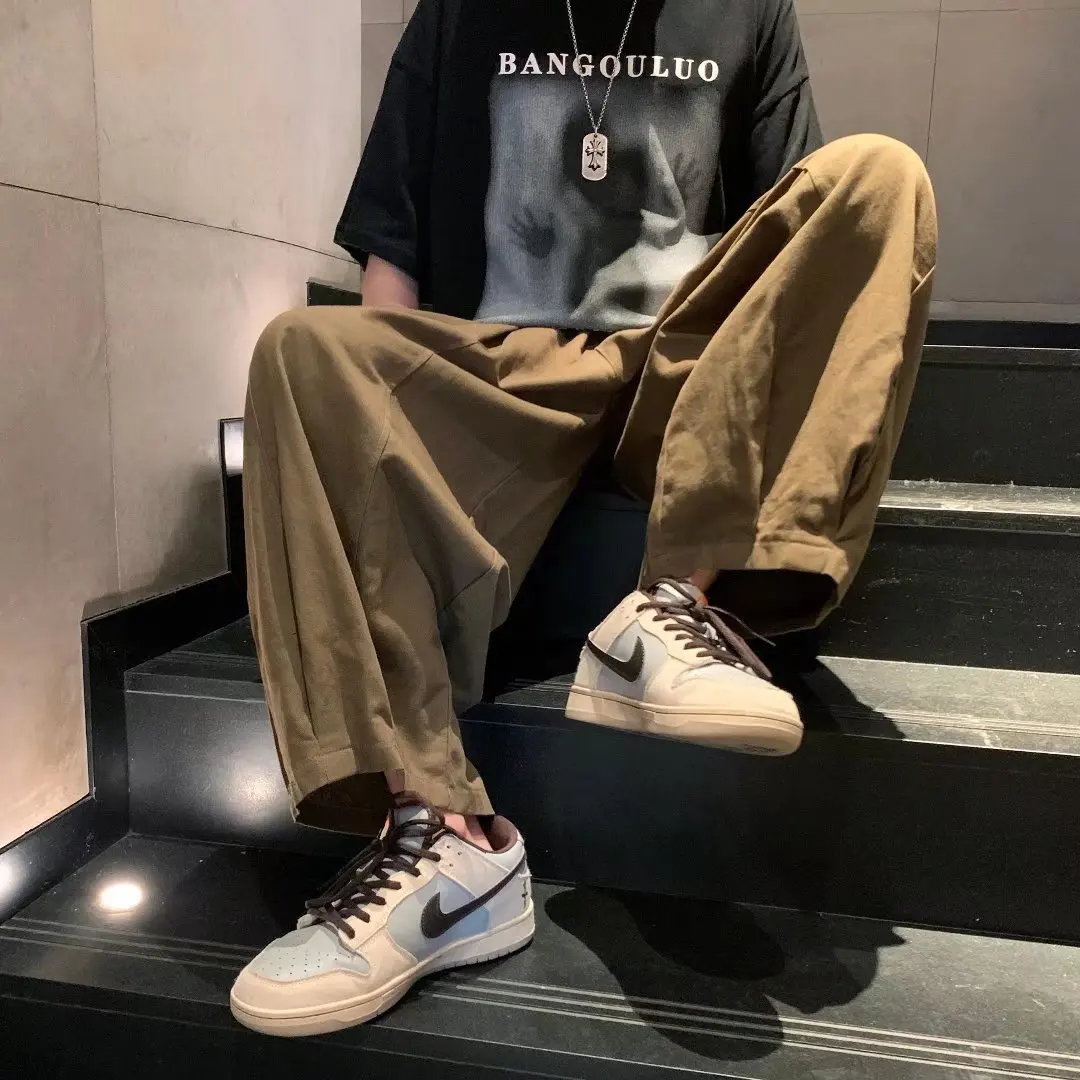 

Summer Brown Japanese Style Loose Wide Leg Lantern Pants Men's Oversize Casual Workwear Trousers Straight Cut Casual Pants