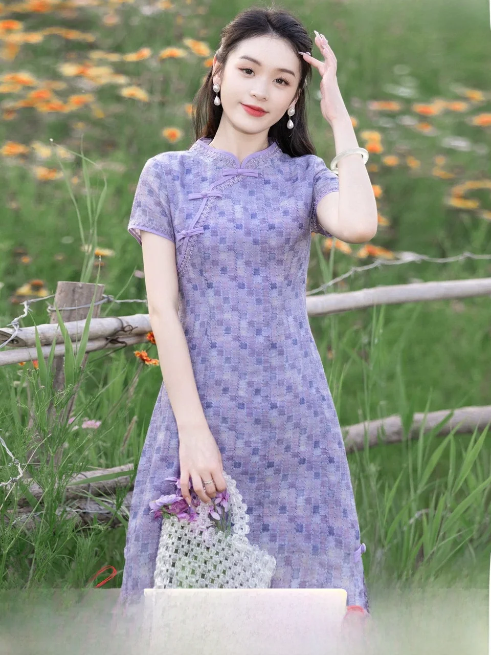 

Purple Firework Pr ort Silk Dr Women's 2026 Summer New Small Size Silk JY Ziru Vintage Sle Cheon...