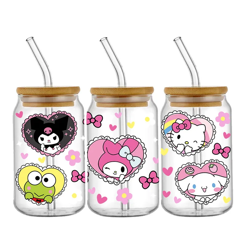 Miniso Hello Kitty Melody Kuromi 16OZ UV DTF Cup Wraps Naklejka transferowa do szklanej puszki Libbey Butelka Zmywalna DIY Niestandardowe