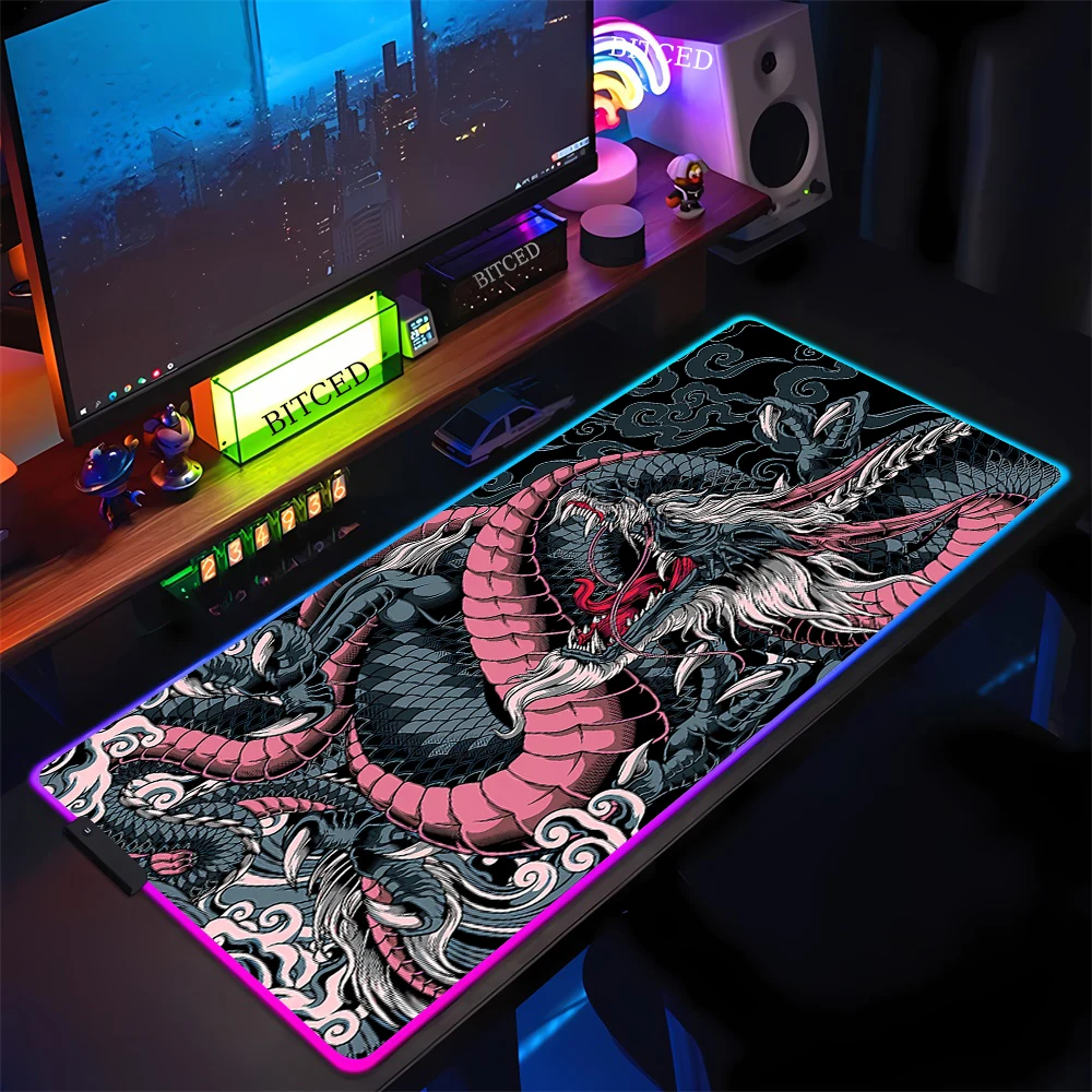 Large RGB Mouse Pad Dragon Pink Gaming Mousepad LED Mouse Mat Gamer Mousepads PC Desk Pads Colorful Keyboard Mats XXL 90x40CM