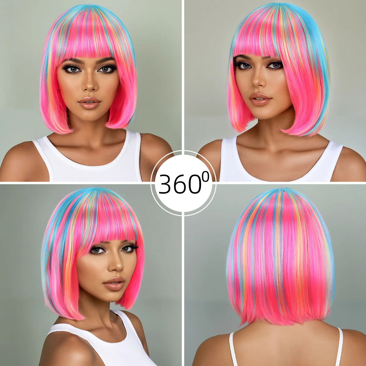 Rainbow multi-color synthetic wig for daily gatherings, parties, Halloween cosplay, bob hairstyle with side bangs, head cover image 4