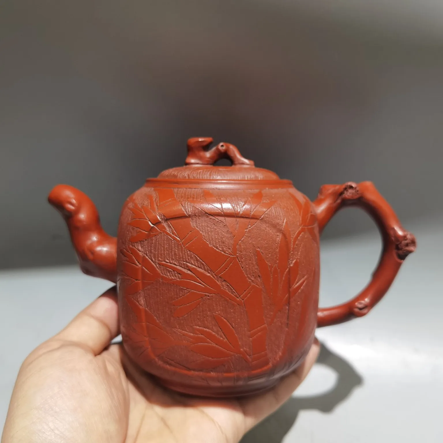Chinese Antiques Yingxing Purple Clay Teapot Four sided bamboo leaf pattern Tree Root Mouth Teapot Kettle Flagon Tea Ceremony