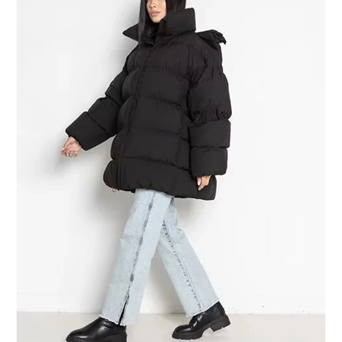 شتاء جديد المرأة عادية فضفاضة تناسب طويلة Sve الوقوف طوق مقنعين الدافئة القطن Jaet ملابس خارجية Faion تخفيف Sle سستة