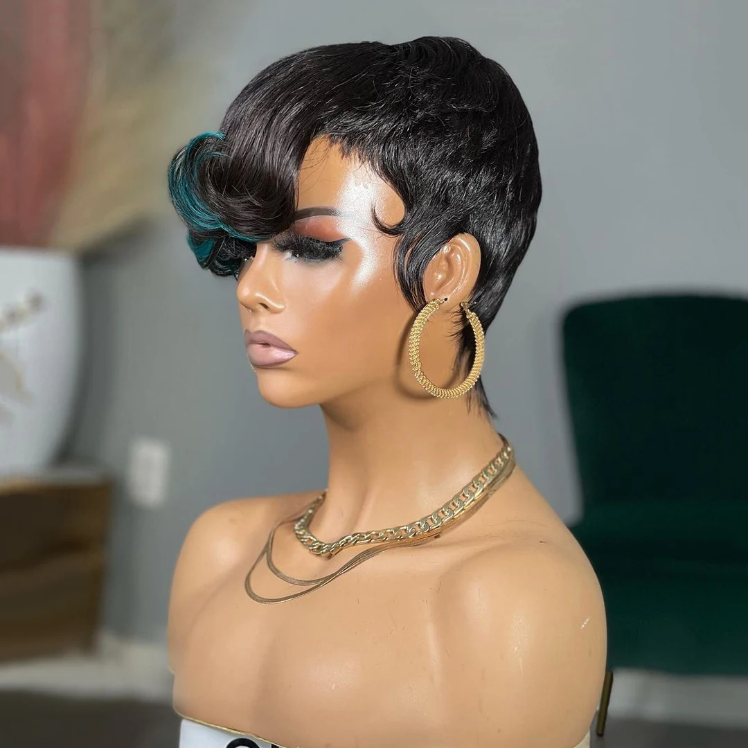 Highlight Green Color Short Pixie Cut Wig For Black Women Human Hair Short Bob Wigs 150% Density Brazilian Remy Full Machine Wig