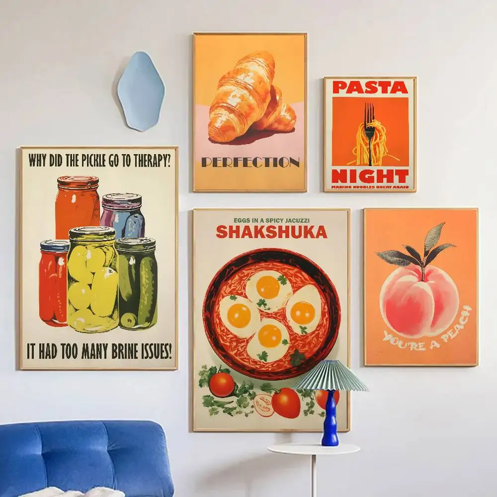 Retro Food Pasta Croissant Peaches Meat Poster Self-adhesive Art Room Entrance Restaurant Wall Decor Art Painting