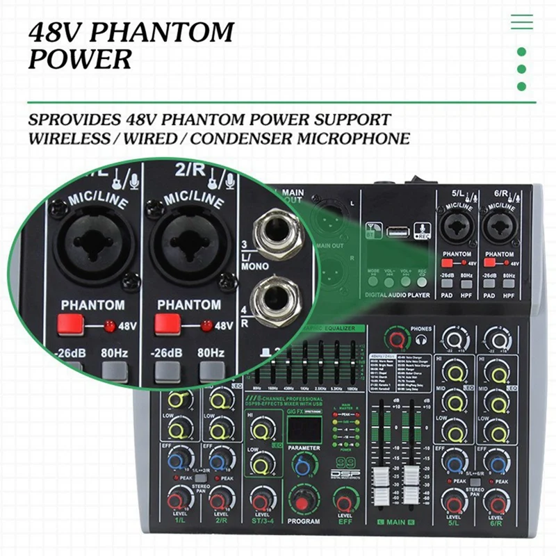 Professional Audio Mixer 6 Channel Built-In 99DSP 7-Segment Balanced Effect Bluetooth Support Recording Mixer