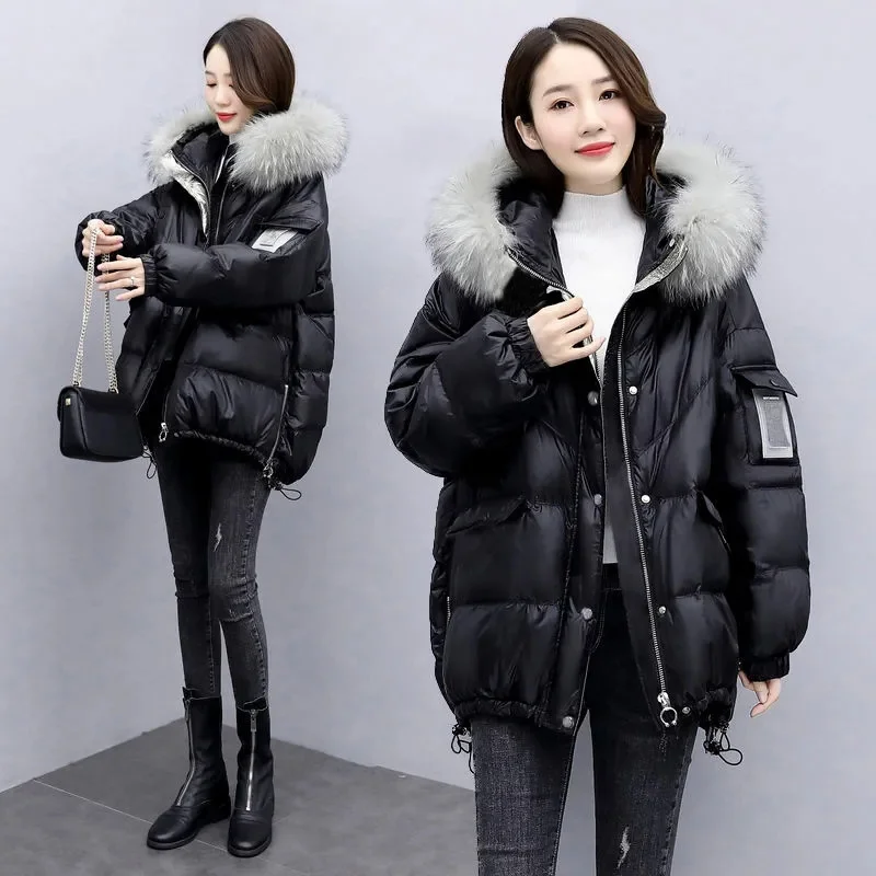 Women\'s 2024 Winter New Bright Face Down Cotton Jacket Women\'s Korean Edition Loose and Skinny Plus Velvet Cotton Jacket