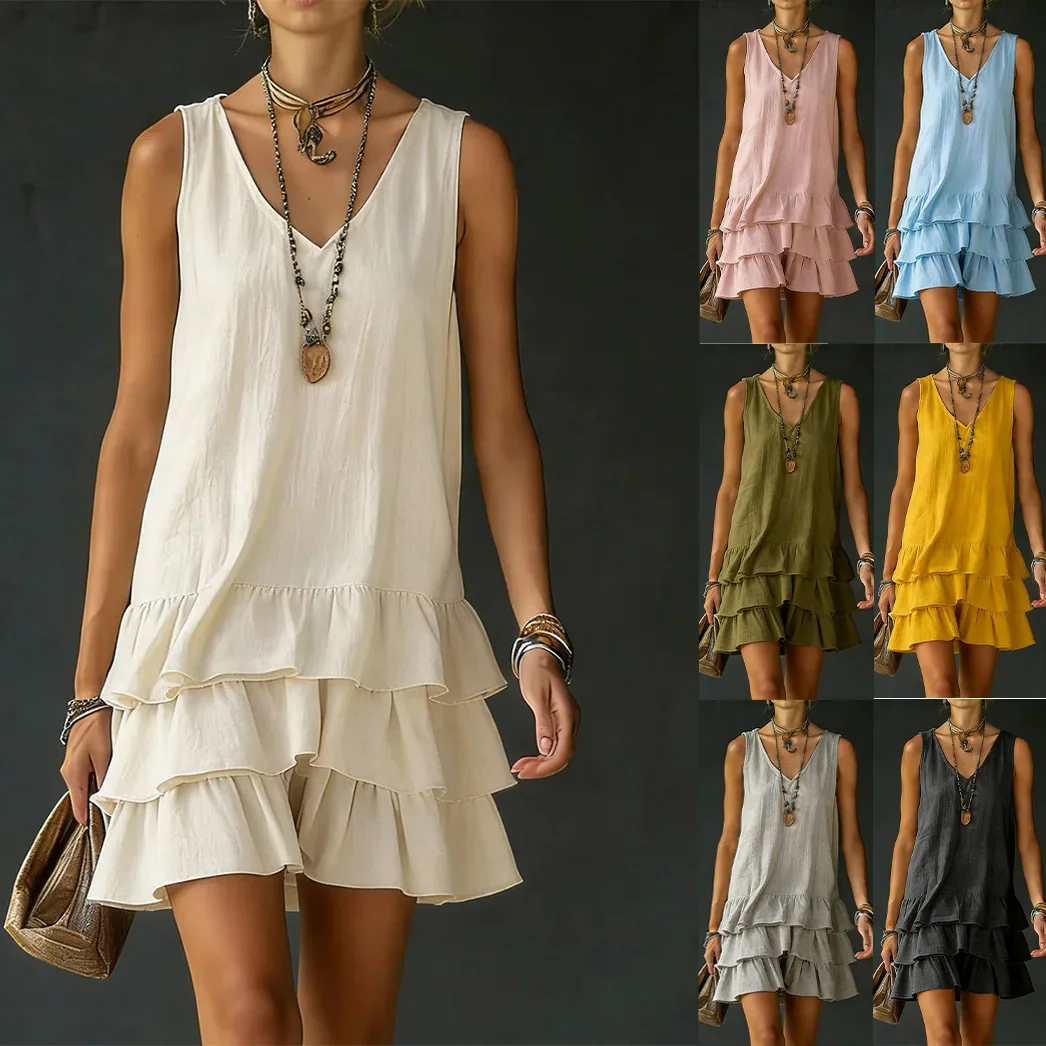 Women Loose Sundresss Summer Lady V Neck Sleeveless Patchwork Three Layer Cake Mini Party Dress YDS-20260429001
