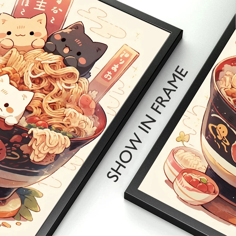 Kawaii Japanese Ramen Animal Cats Posters Canvas Paintings and Prints Noodles Food Wall HD Pictures For Kitchen Room Home Decor