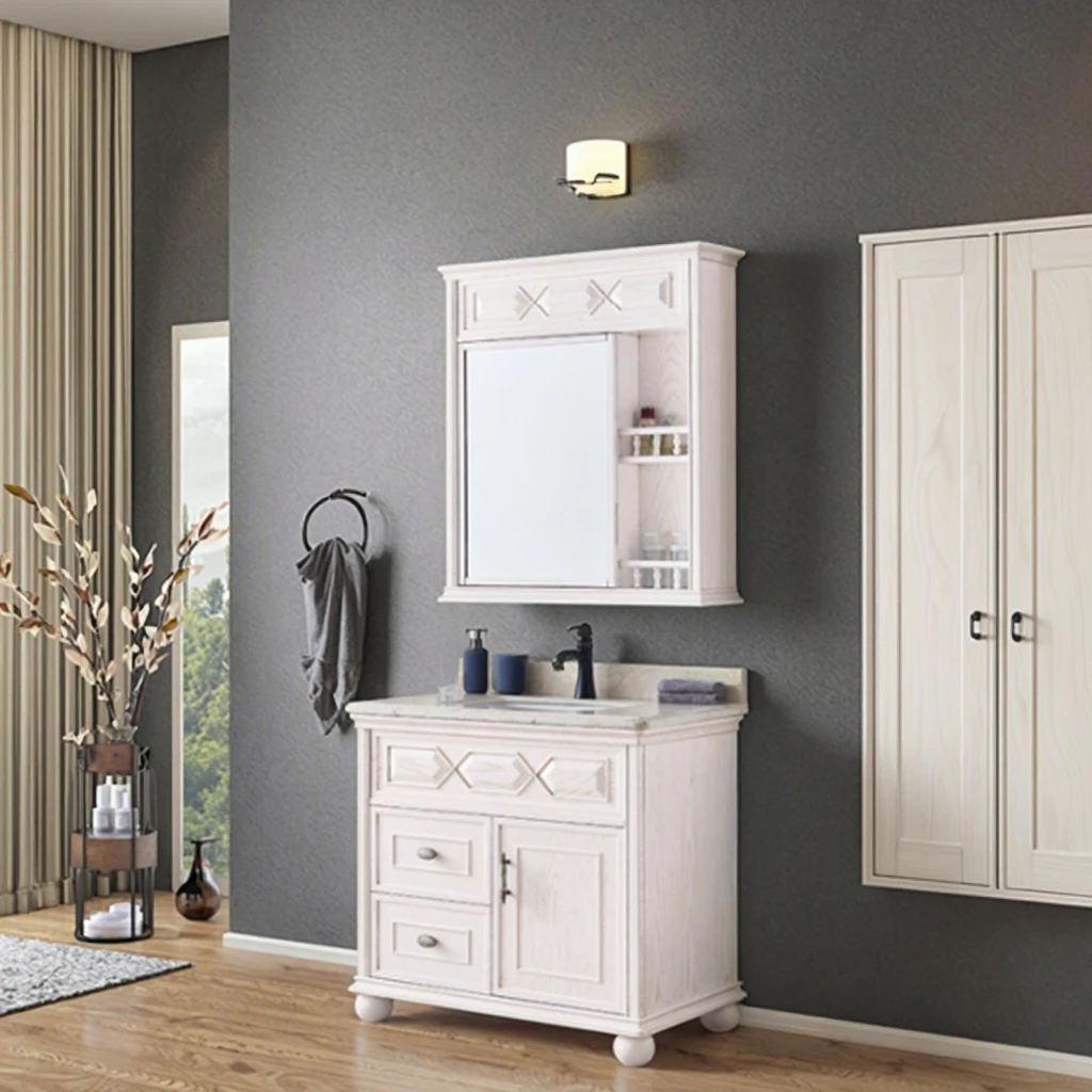 Classic American Style Solid Wood Bathroom Vanity Waterproof Ceramic Countertop Bath Mirror Floor-Standing For Home Hotel Use