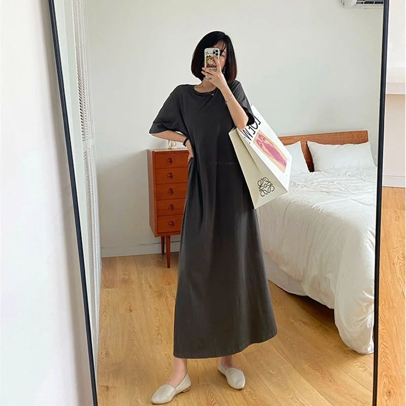 Short Sleeve Dresses Women Solid Simple Loose 45-150kg Summer Thin Ankle-length Classic Design Soft Quality 90s Ladies Hot Sale