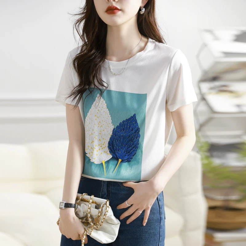 EVNISI Women Floral Printing T-shirt O-Neck Casual Office Knitted Tops Short Sleeve White Cotton Summer For Women Loose T-shirt