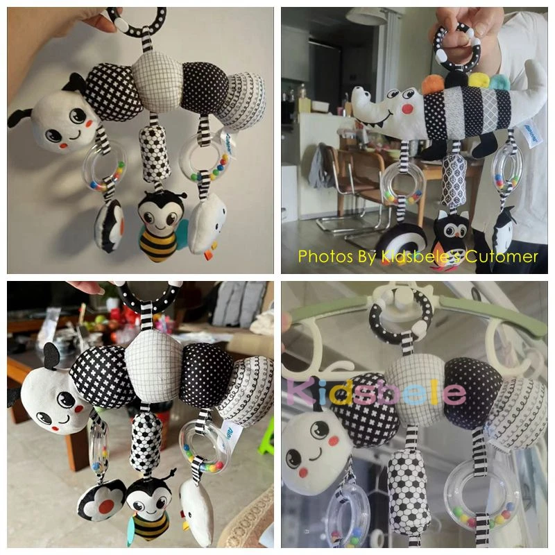 Carrinho de bebê espiral com chocalho crinkle preto branco alto contraste infantil pendurado brinquedo para assento de carro berço ferroviário desenvolvimento sensorial