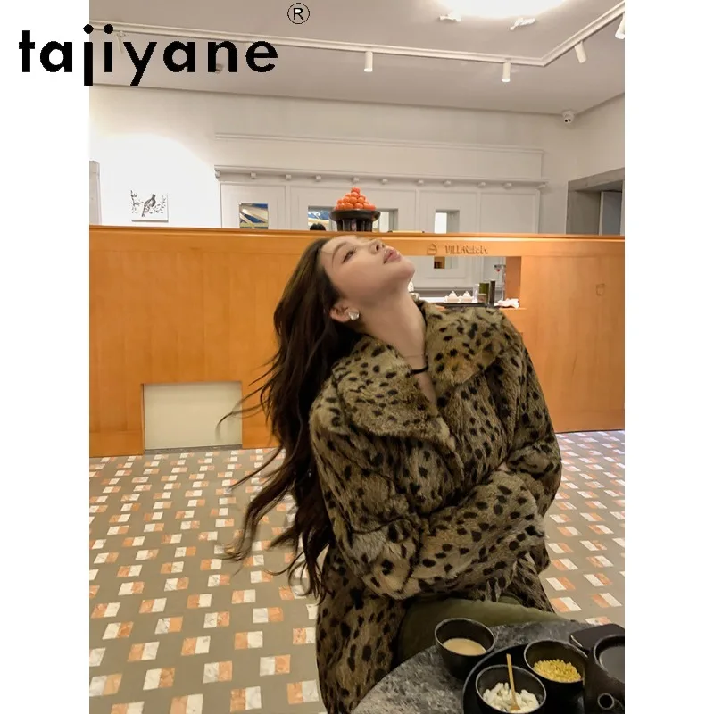 TAJIYANE Rabbit Fur Coat Woman High Quality Furry Tops Shearling Real Fur Jacket Lapel Winter Coat Women Jackets Leopard Шуба