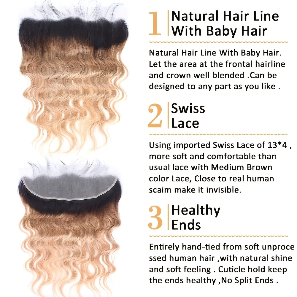 13x4 HD Lace Frontal Closure Body Wave, Skinlike HD Lace Melt into Skin Perfectly,12A Grade Ombre Body Wave Human Hair 1b/4/27