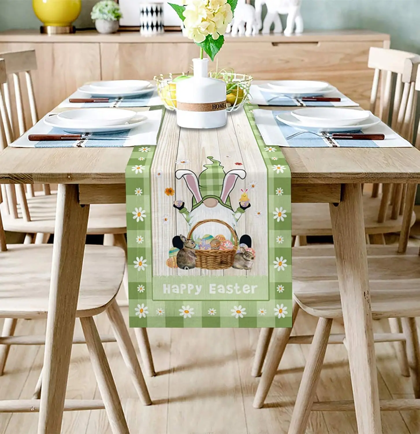 Easter Bunny Eggs Gnome Green Plaid Linen Table Runner Party Decor Spring Kitchen Dining Table Runners Dresser Scarf Table Decor