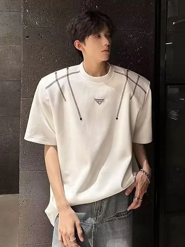 Summer New Style Men's T-shirt Padded Shoulder Short Sleeve Design Sensation Small Audience Five Sleeve High-End Feeling Hand...