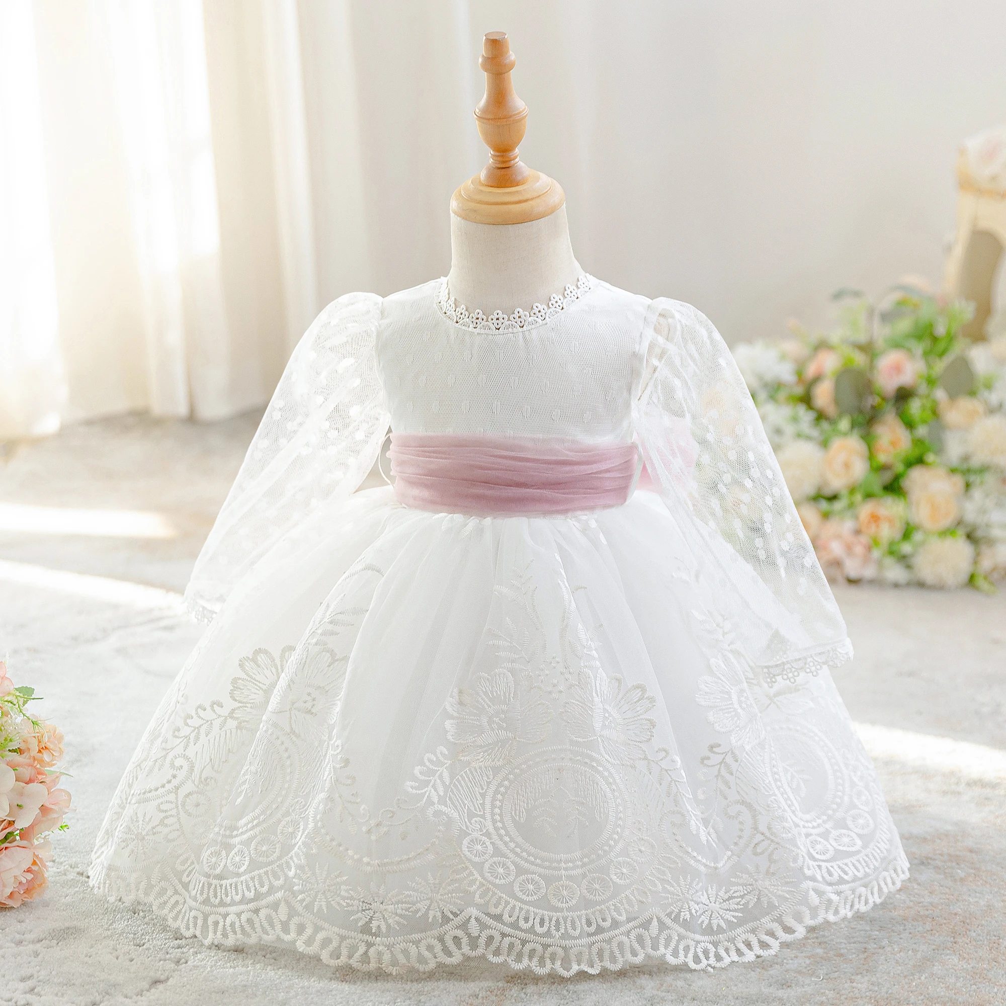 Kleinkind Langarm Taufkleid für Mädchen Elegantes Prinzessinnenkleid für 1. Geburtstag Hochzeit Party Mädchen Schleifenkleid Brautjungfern Festkleid – Detail 3