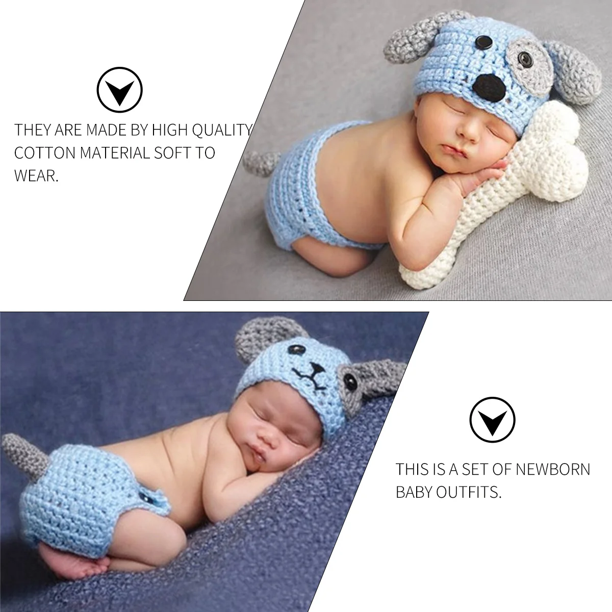 

3Pcs Baby Knitted Clothes Newborn Puppy Modeling Cotton Outfits Light Blue Baby Photo Props Infant Knitwear Newborn Hat