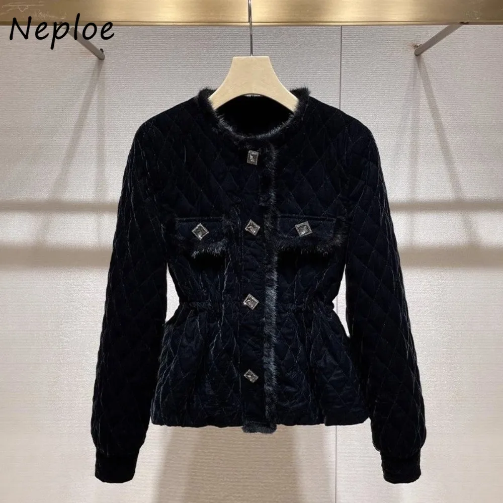 Neploe High Street Slim Waist Velvet Elegant Parkas Winter New Fashion Small Fragrance Veste Femme Celebrity Luxury Warm Coats